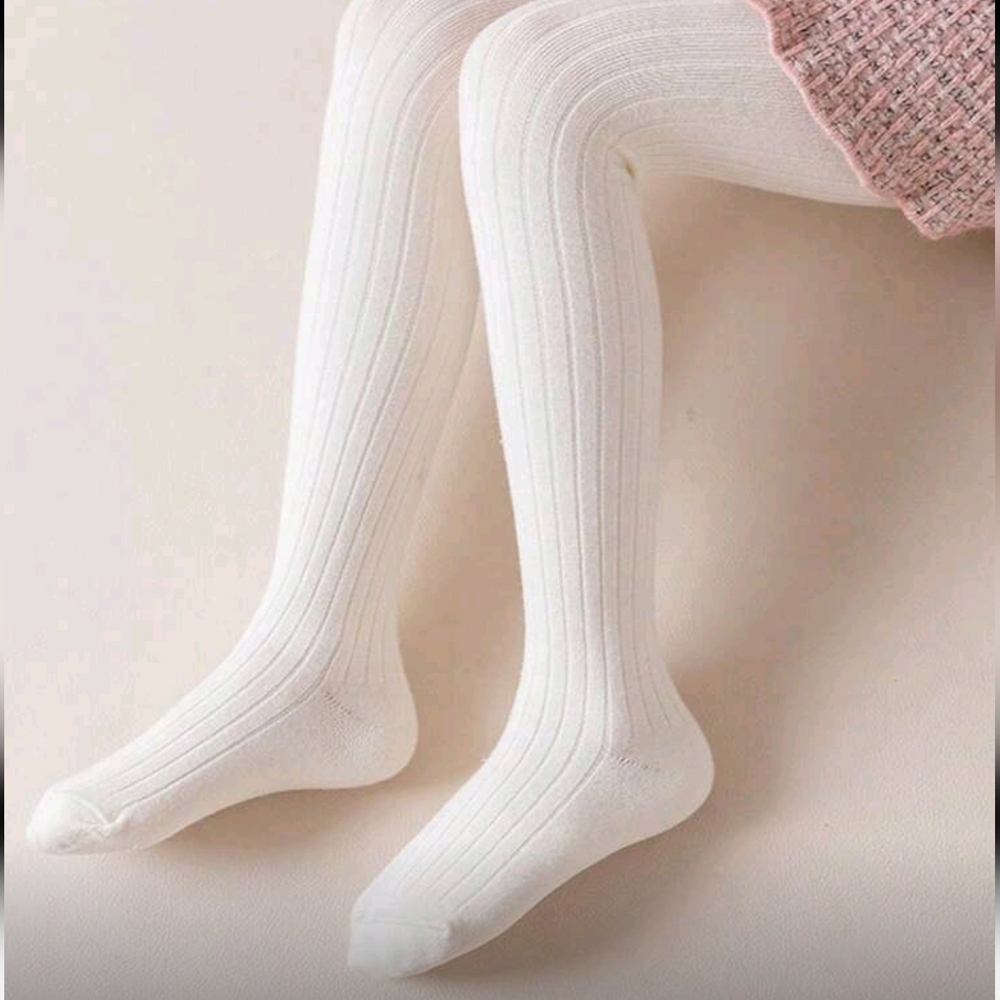 Girl's White Ribbed Pantyhose Tights